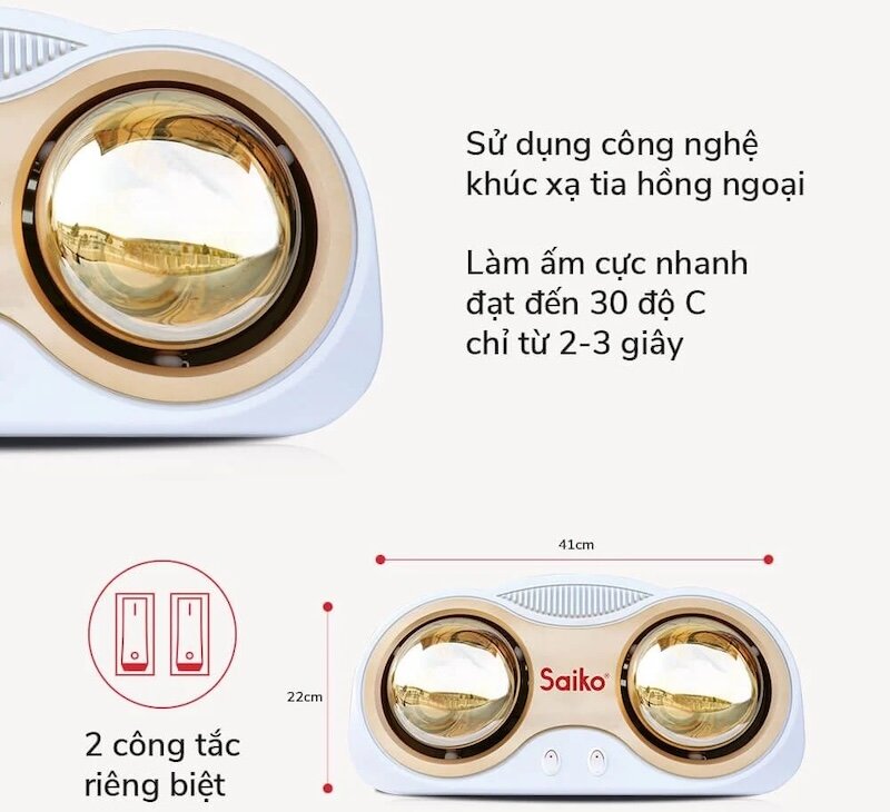 Đèn sưởi nhà tắm Saiko 2 bóng BH-2552H (Ảnh: Saiko).