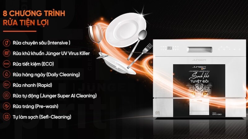 Máy rửa bát 8 bộ Junger Leopard DWJ-060 được trang bị 8 chương trình rửa thông minh