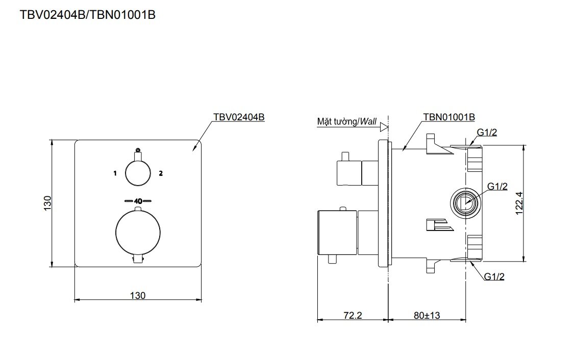 Bản vẽ van điều chỉnh nhiệt độ và chuyển hướng 2 đường nước TOTO TBV02404B+TBN01001B