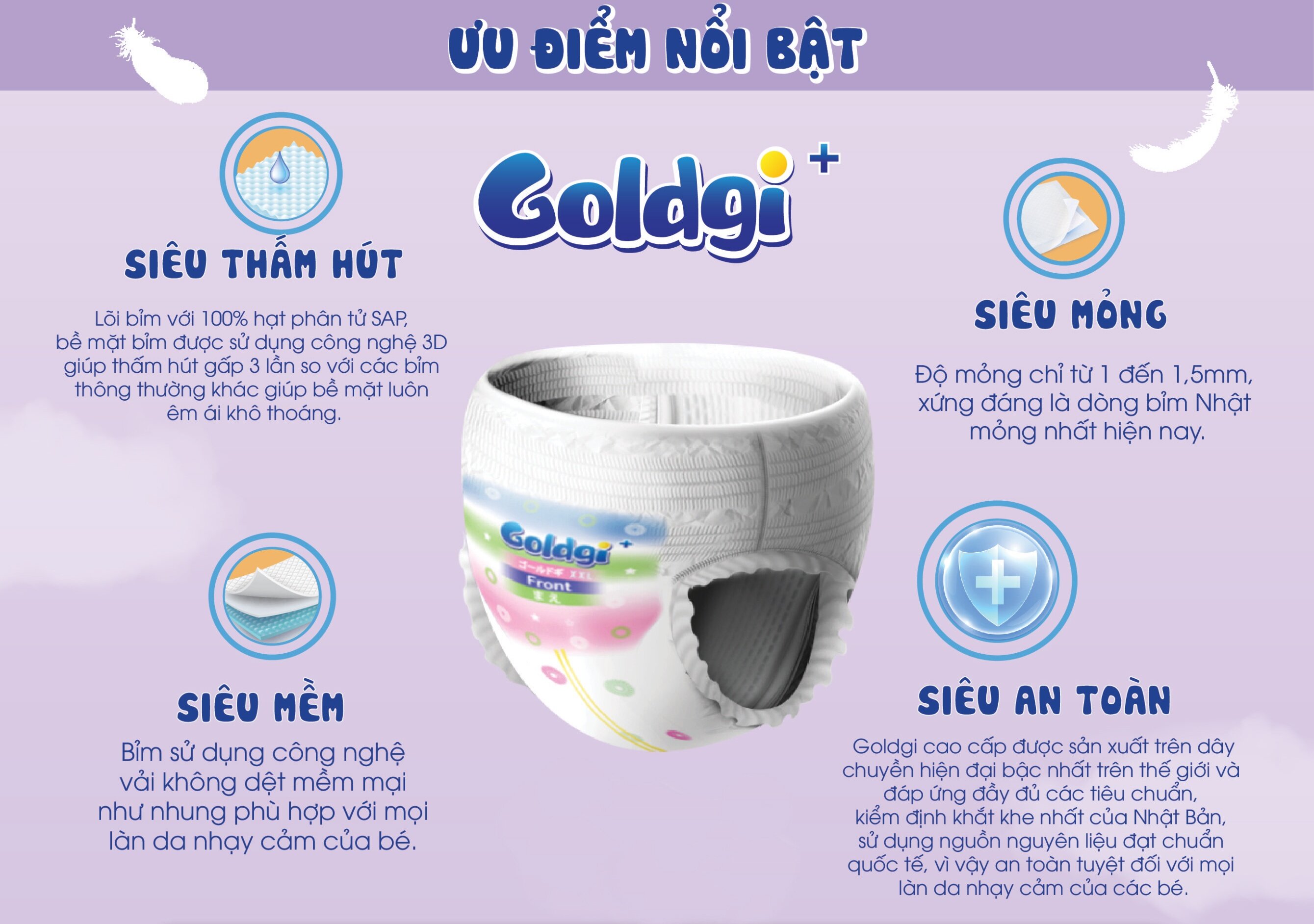 Ưu điểm nổi bật bỉm Goldgi+ size S 84 miếng cho bé (4-8kg)