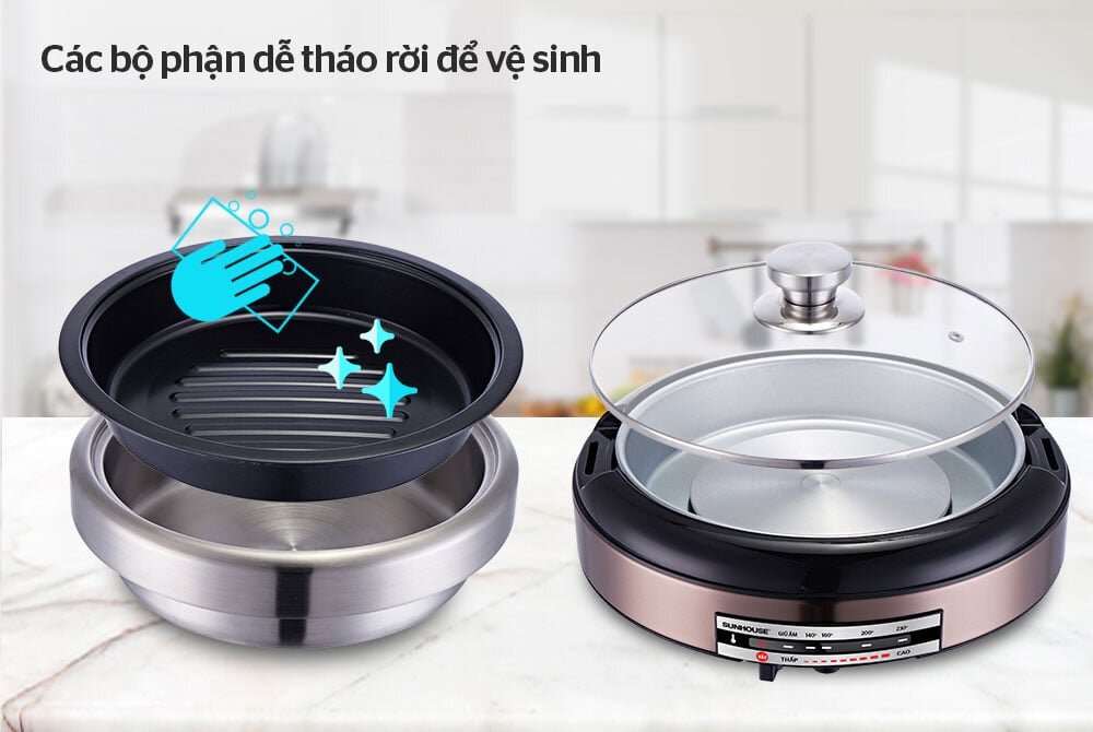 nồi lẩu nướng Sunhouse SHD4526 có kiểu dáng hiện đại, các bộ phận có thể tháo rời