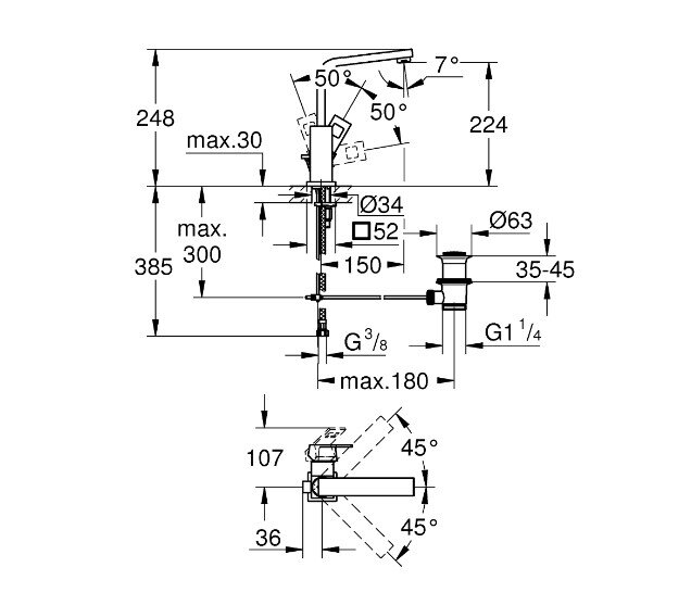 Bản vẽ kỹ thuật vòi chậu nóng lạnh Eurocube GROHE 23135000