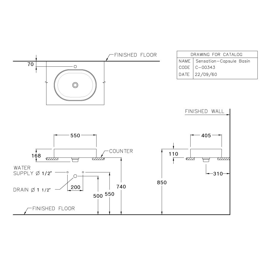 Bản vẽ kỹ thuật chậu rửa mặt lavabo COTTO đặt bàn C003437