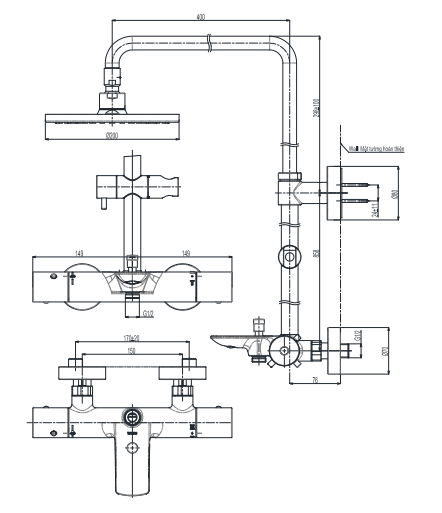 Bản vẽ kỹ thuật sen cây nhiệt độ kèm vòi xả bồn dòng G 200mm TOTO TBW07401A