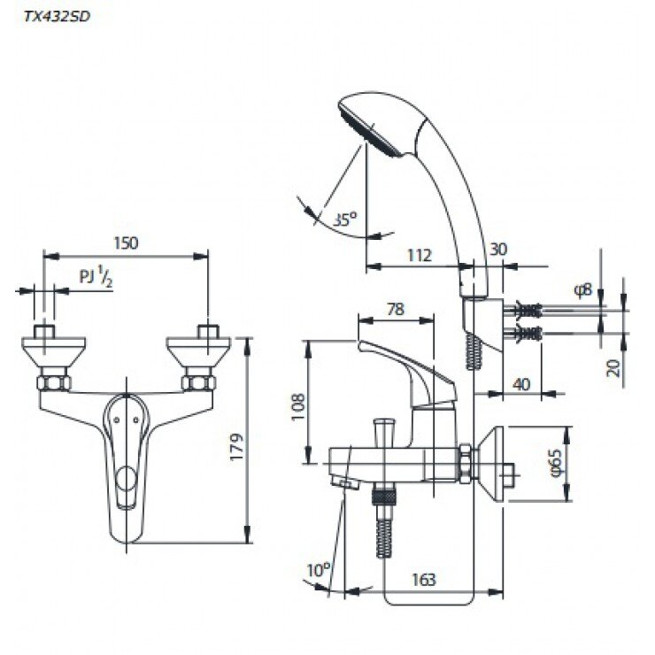 Bộ sen tắm nóng lạnh TOTO TX432SD bản vẽ