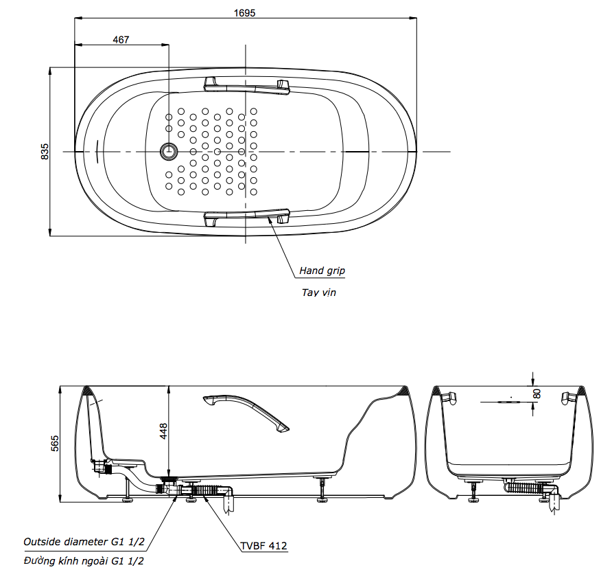 Bản vẽ kỹ thuật bồn tắm đặt sàn TOTO PJY1744WHPWEN#GW TVBF412 GALALATO 1m7 tay vịn gồm ống thải