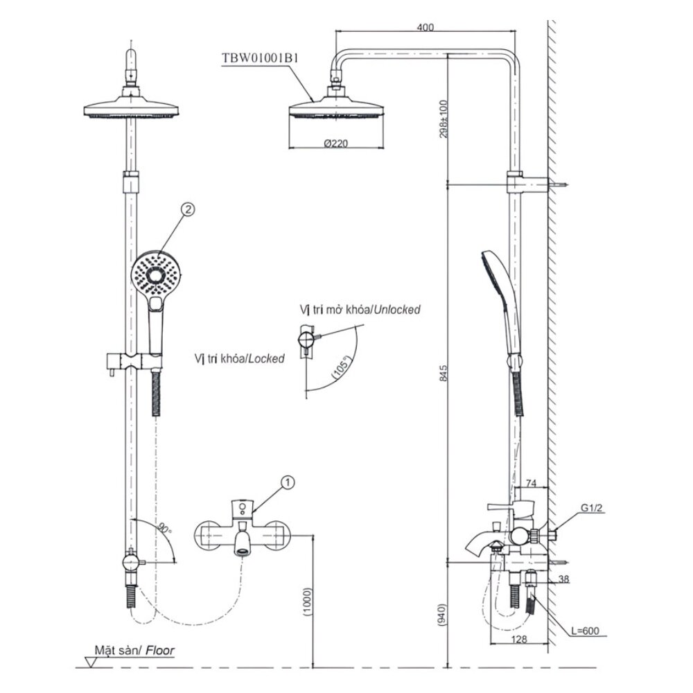 Bản vẽ kỹ thuật bộ sen cây nóng lạnh TOTO TBW01001BA/TBS02302V/TBW01010A