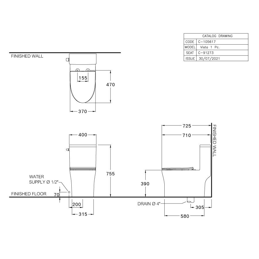 Bản vẽ kỹ thuật của bồn cầu 1 khối COTTO C105617