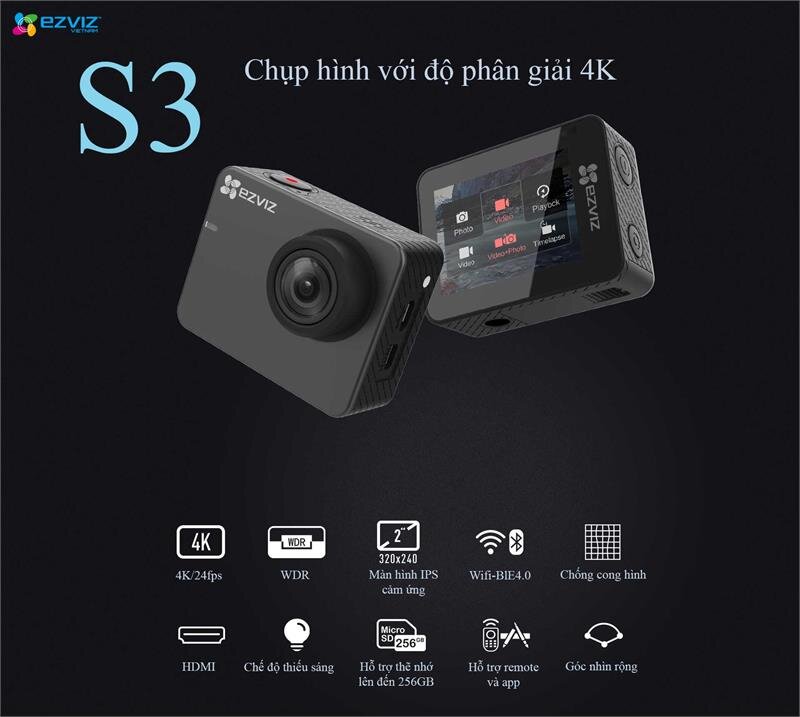 Camera thể thao EZVIZ CS-SP206-C0-68WFBS S3 Starter Kit 4K Xám Camera thể thao EZVIZ CS-SP206-C0-68WFBS S3 Starter Kit 4K Xám