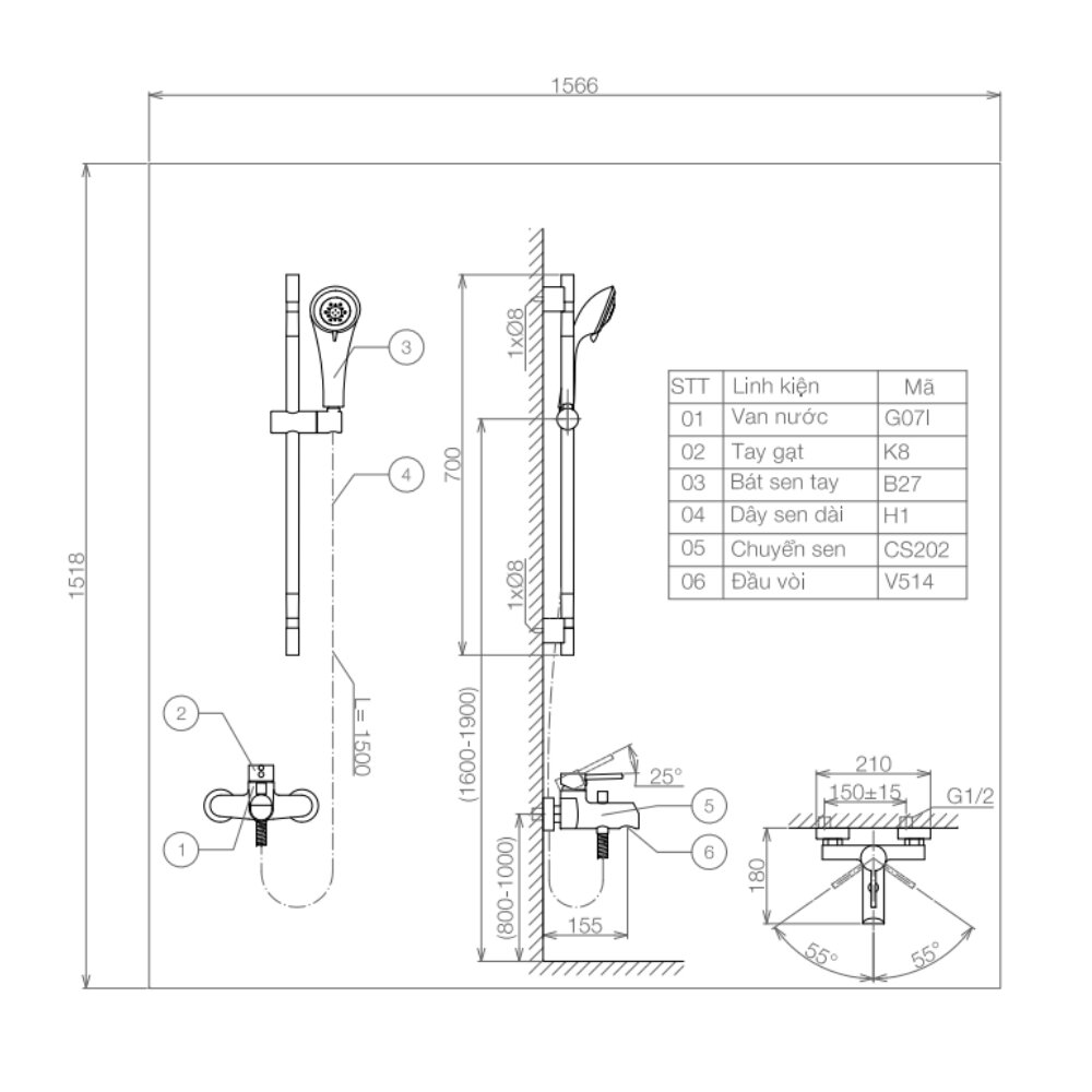 Bản vẽ kỹ thuật bộ sen tắm nóng lạnh Viglacera VG541.1 kèm thanh trượt