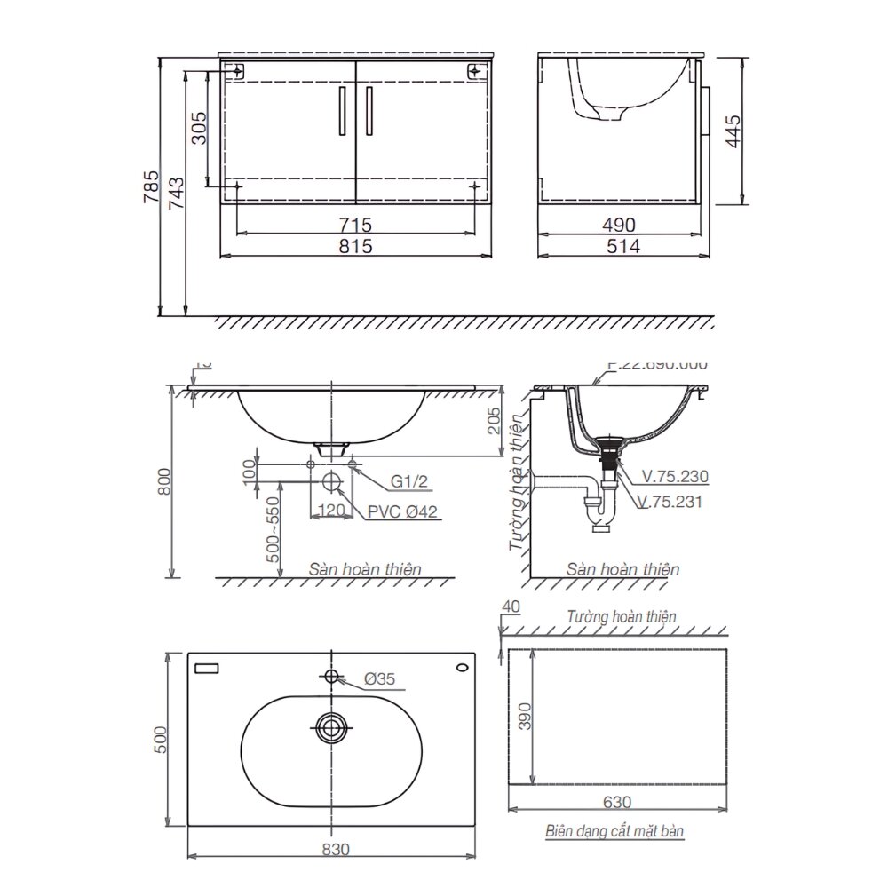 Bản vẽ kỹ thuật của tủ chậu cabinet Viglacera Platinum P.69.690
