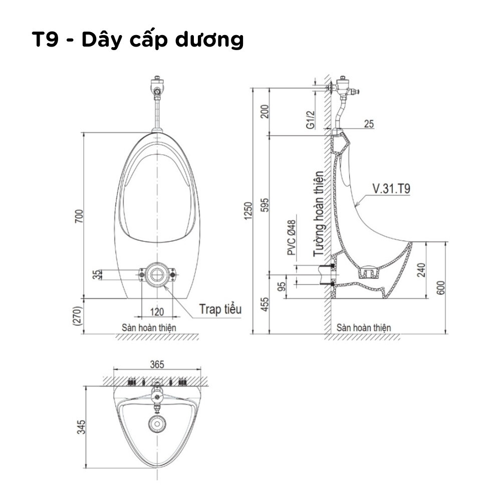 Bản vẽ kỹ thuật bồn tiểu nam treo tường Viglacera T9 cấp dương