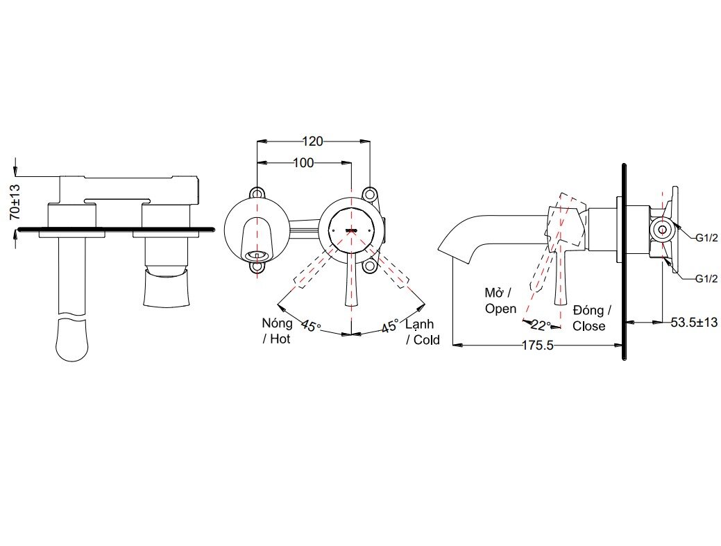 Bản vẽ vòi lavabo TLS02307B TOTO gắn tường
