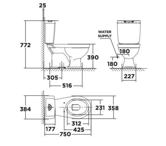 Bản vẽ kỹ thuật bồn cầu 2 khối Caravelle Plus American Standard VF-2321