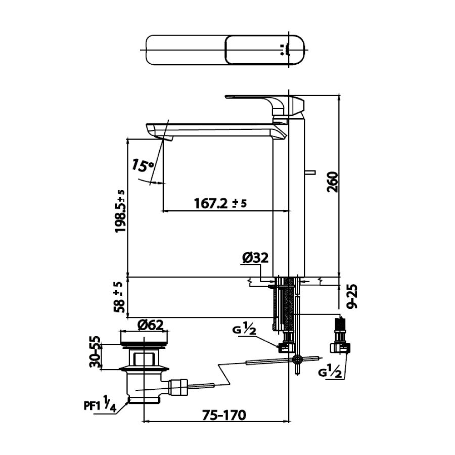 Bản vẽ kỹ thuật vòi chậu lavabo COTTO CT2124AY nóng lạnh