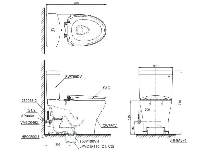 Kích thước bồn cầu Toto Toto CS769DRT2