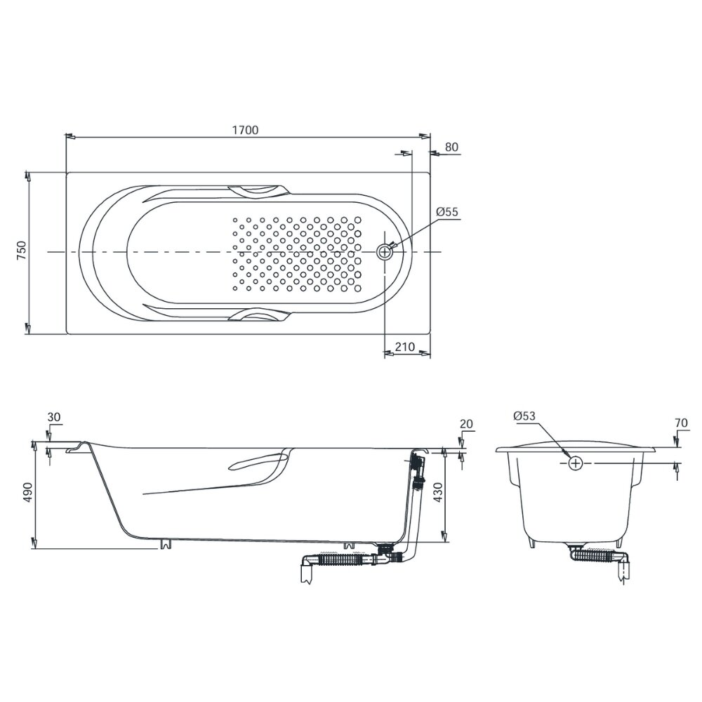 Bản vẽ kỹ thuật bồn tắm TOTO FBY1720NHPE#W gang tráng men 1m7 tay vịn