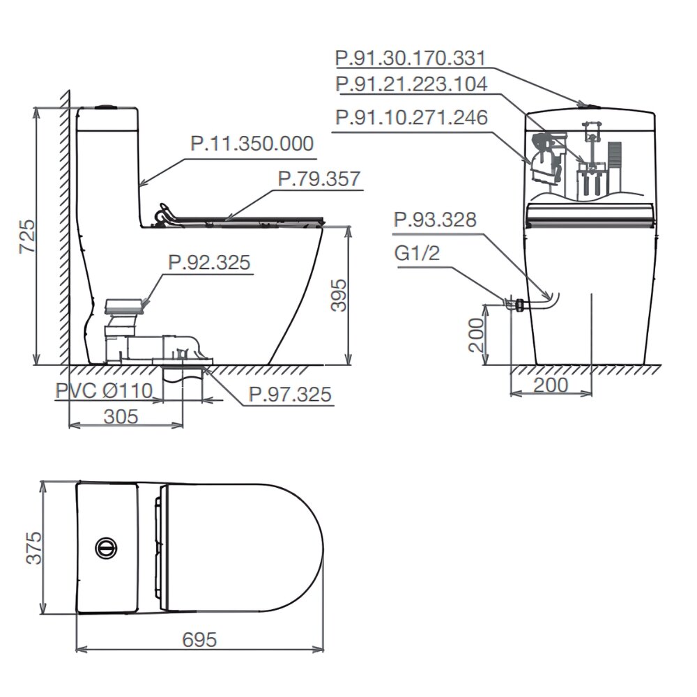 Bản vẽ kỹ thuật của bồn cầu 1 khối Viglacera Platinum P.11.350