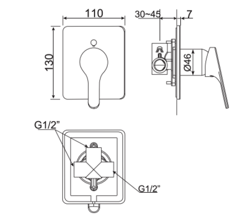 Bản vẽ kỹ thuật vòi sen tắm âm tường American Standard WF-1422