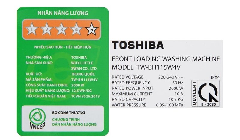 Máy giặt Toshiba lồng ngang Inverter 10,5 kg TW-BH115W4V