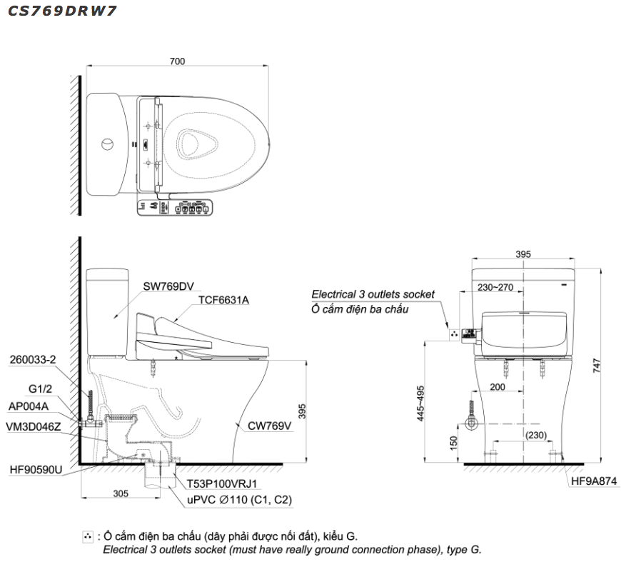 bản vẽ kỹ thuật bồn cầu điện tử cs769drw7