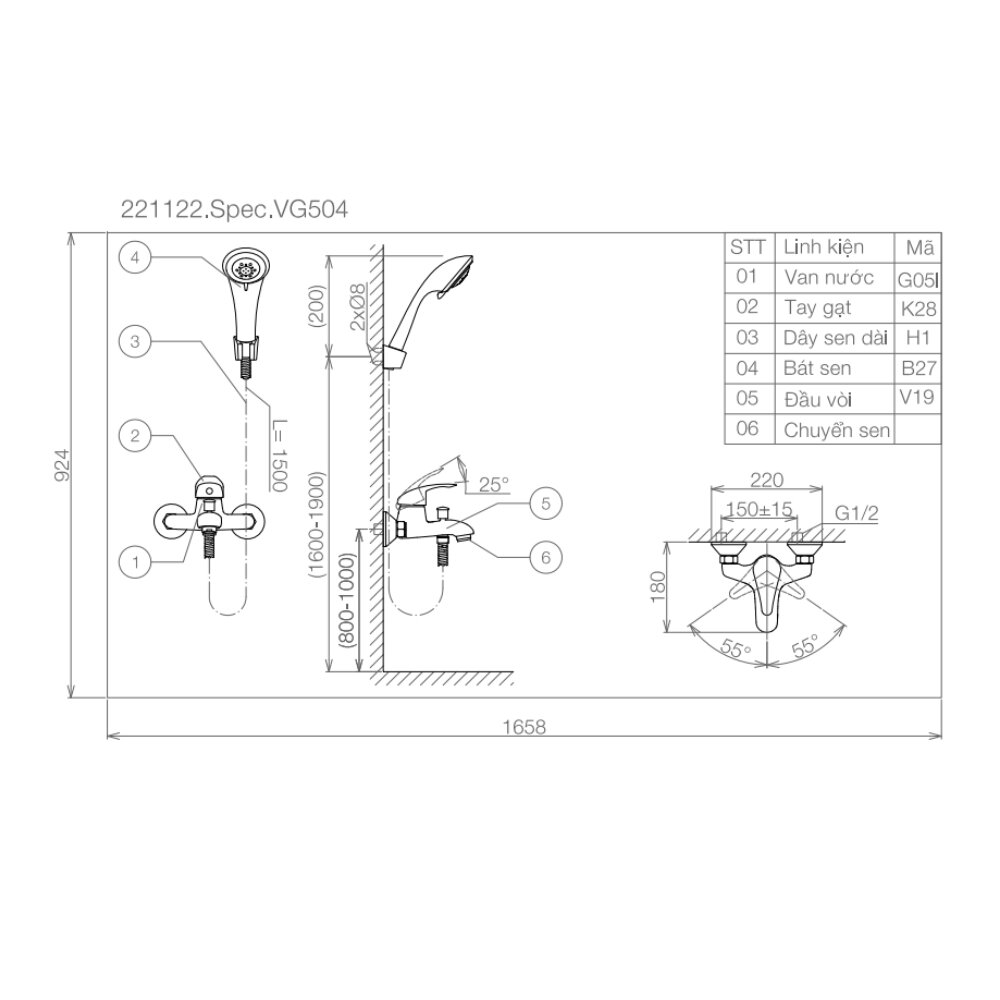 Bản vẽ kỹ thuật sen tắm nóng lạnh Viglacera VG504