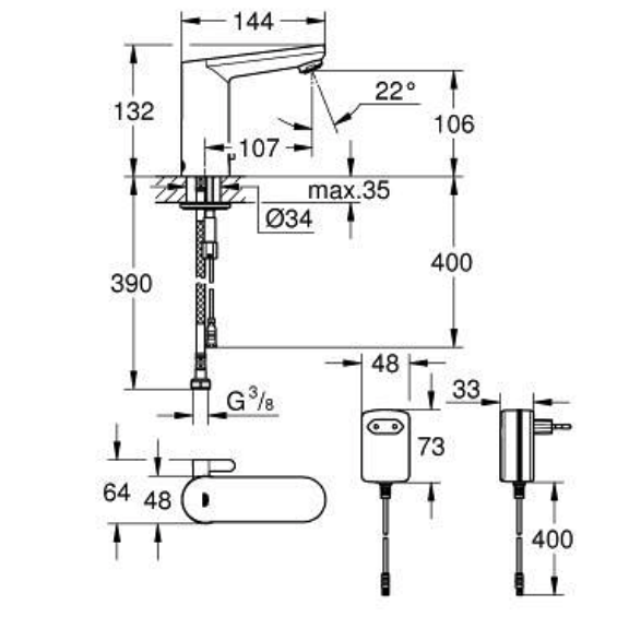 Bản vẽ kỹ thuật vòi chậu nóng lạnh 36325001 Grohe