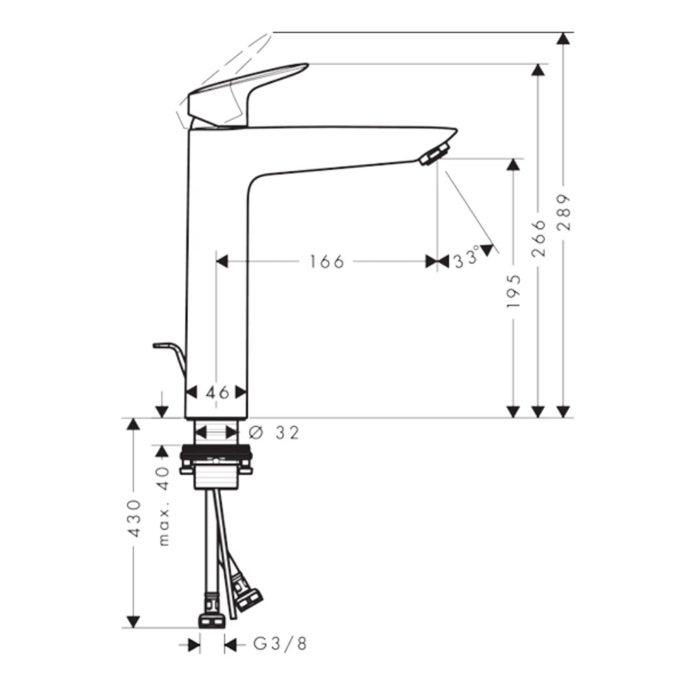 Bản vẽ kỹ thuật của vòi chậu lavabo nóng lạnh HG Logis 190 Hansgrohe 71090000