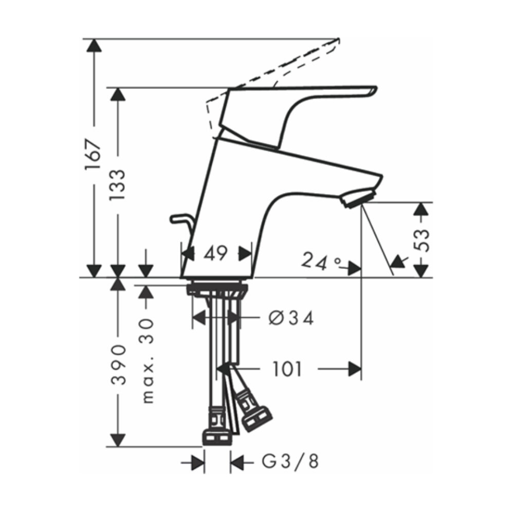 Bản vẽ kỹ thuật của vòi chậu lavabo nóng lạnh Focus 70 Hansgrohe 31730000
