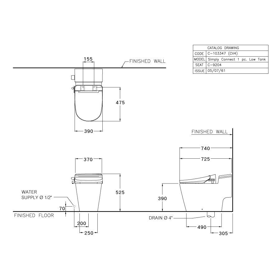 Bản vẽ kỹ thuật bồn cầu 1 khối COTTO nắp điện tử C103347(CV4)