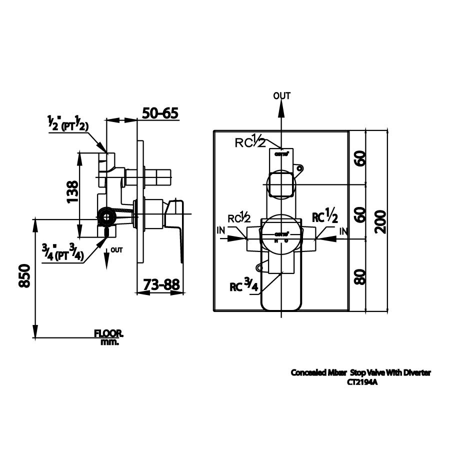 Bản vẽ kỹ thuật van điều chỉnh âm tường nóng lạnh COTTO CT2194A 2 đường nước 