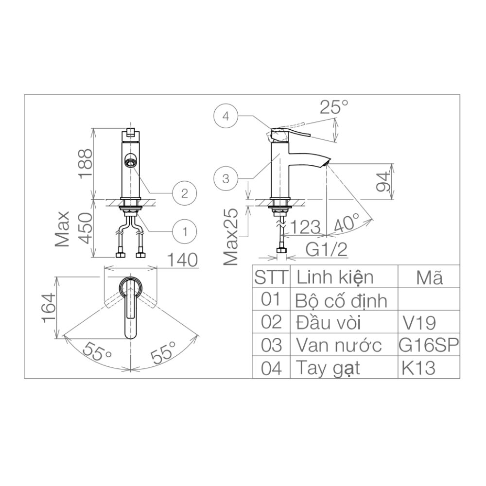 Bản vẽ kỹ thuật vòi chậu lavabo nóng lạnh Viglacera VG105