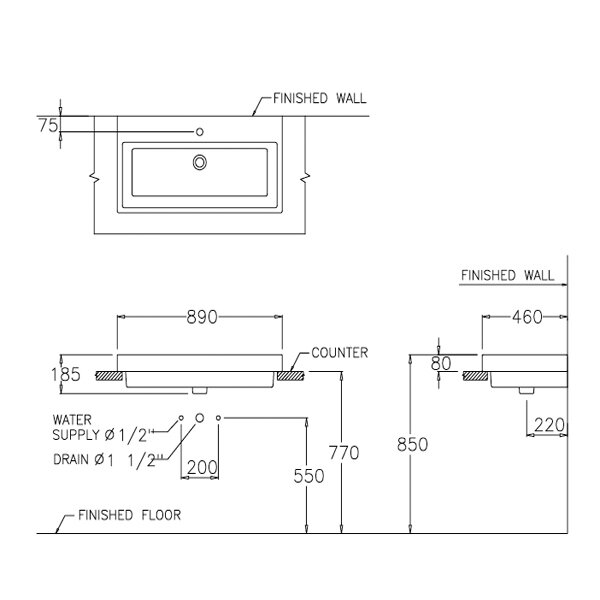 Bản vẽ kỹ thuật chậu rửa mặt lavabo COTTO đặt bàn C0900