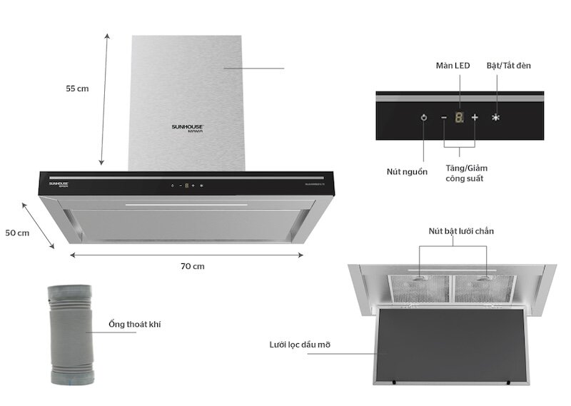 Máy hút mùi Sunhouse Mama MMB6816 sở hữu thiết kế hiện đại