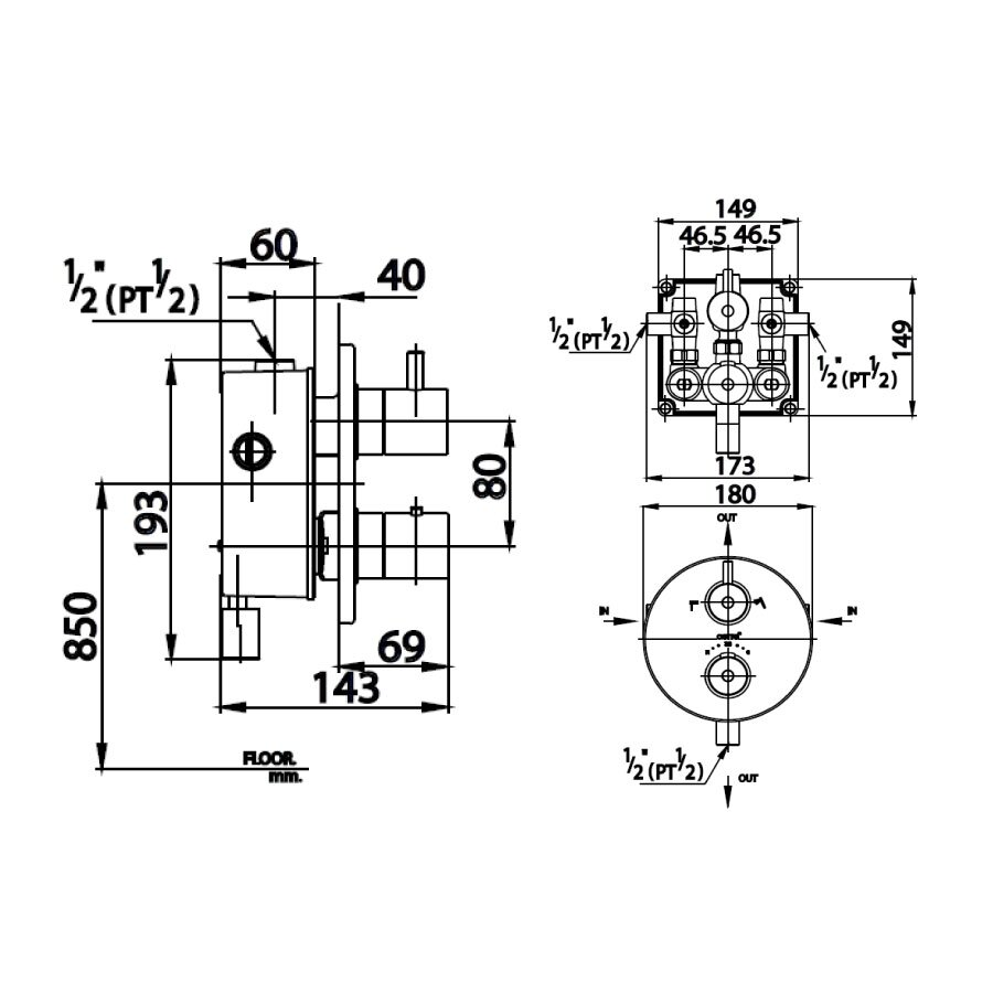 Bản vẽ kỹ thuật van điều chỉnh âm tường nóng lạnh COTTO CT2084 2 đường nước
