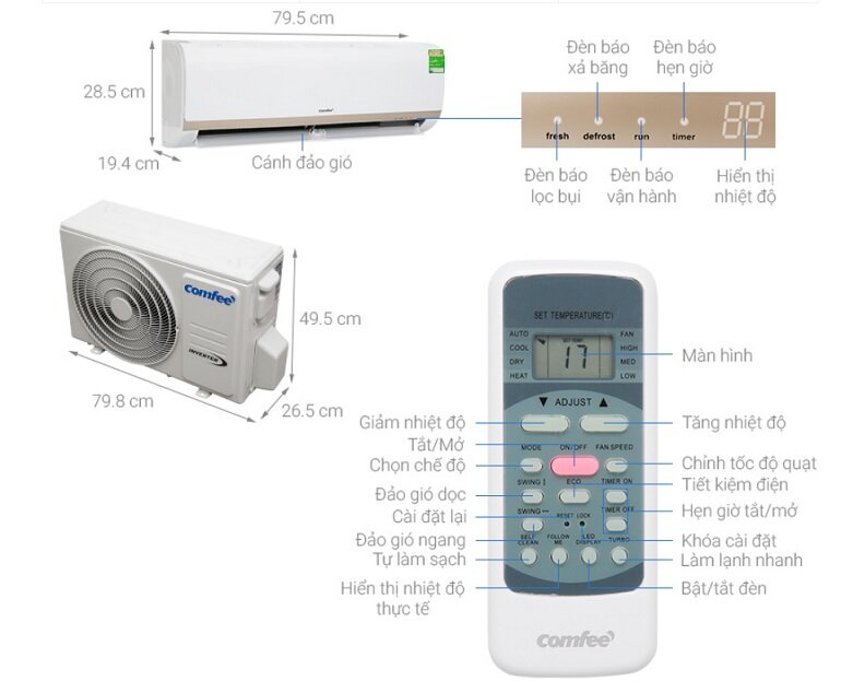 Điều hòa Comfee 12000 BTU 1 chiều Inverter SIRIUS-12ED gas R-32