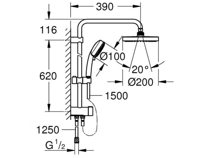 Bản vẽ kích thước Vòi sen cây Grohe New Tempesta Cosmopolitan 200