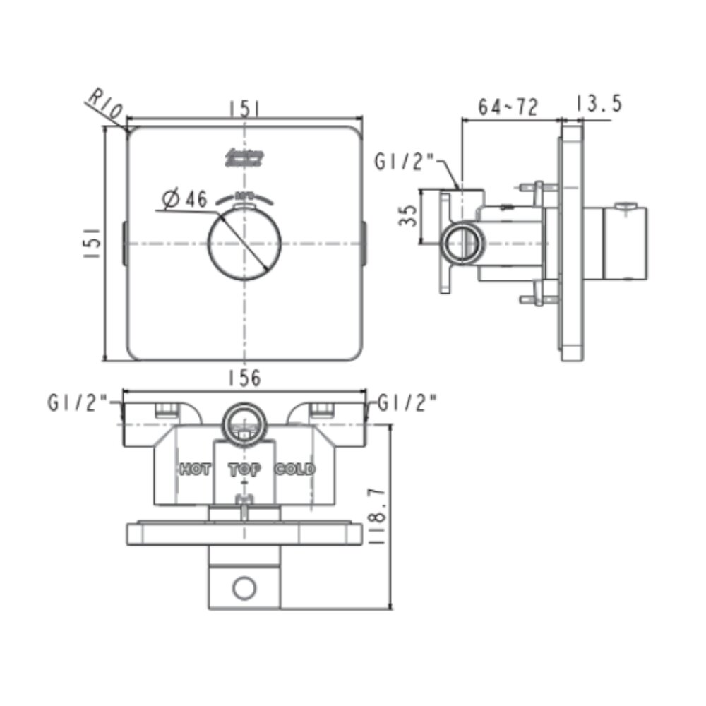 Bản vẽ kỹ thuật bộ trộn nhiệt độ âm tường AMERICAN STANDARD FFAS0930