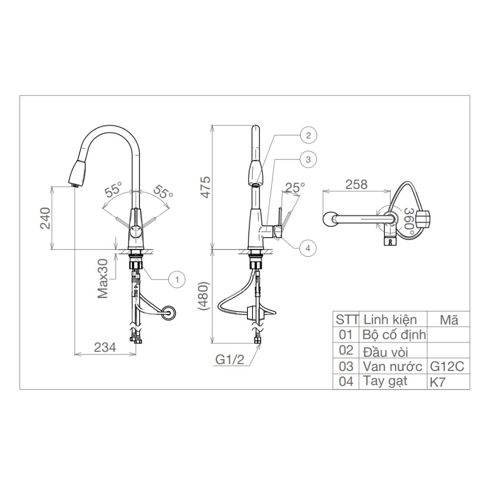 Bản vẽ kỹ thuật vòi rửa bát gắn chậu nóng lạnh Viglacera VG768