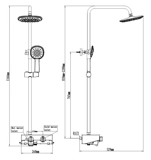 Bản vẽ kỹ thuật của bộ vòi sen cây tắm đứng ATMOR AT10201