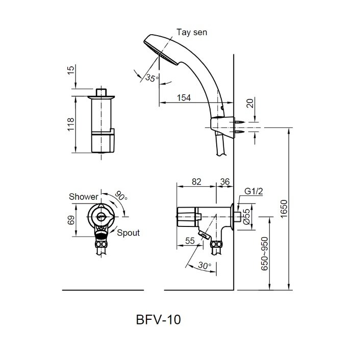 Bản vẽ kỹ thuật của vòi sen tắm INAX BFV-10-1C