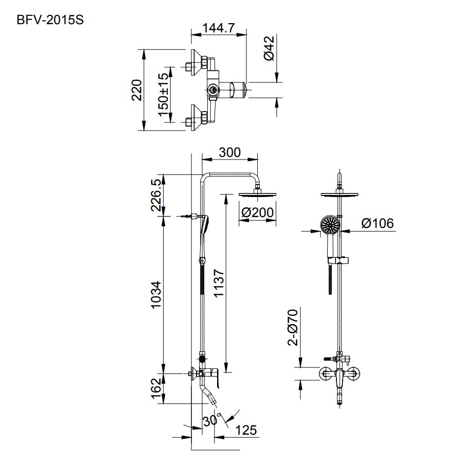 Bản vẽ kỹ thuật sen cây tắm nóng lạnh INAX BFV-2015S