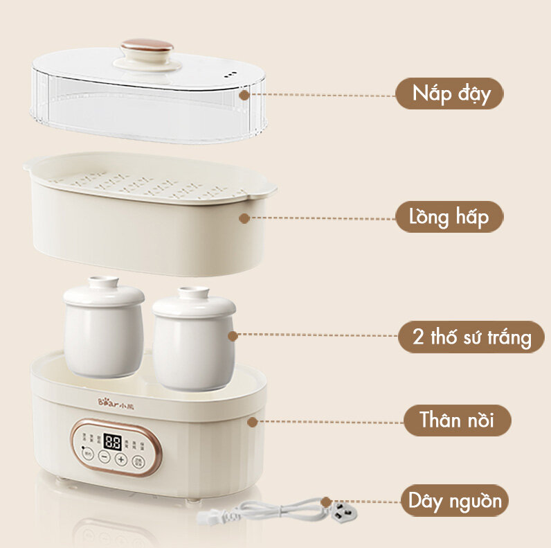 Nồi nấu cháo chậm gồm nhiều bộ phận Nồi nấu cháo chậm