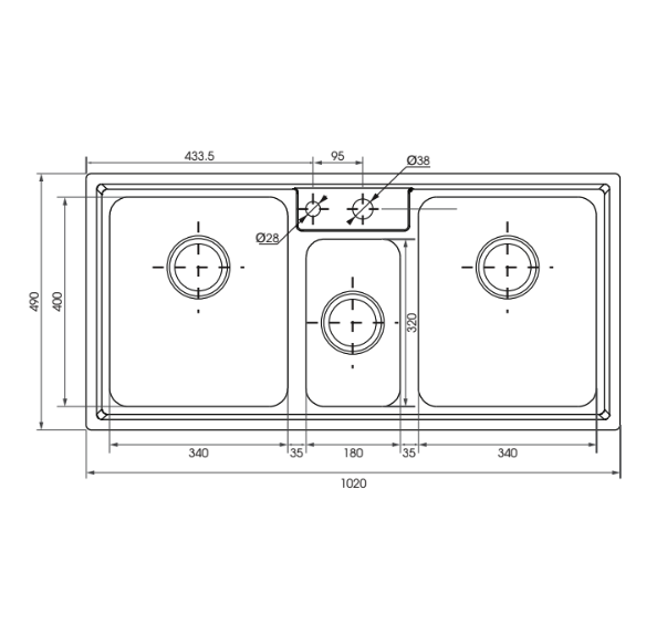 Bản vẽ kỹ thuật chậu rửa chén 3 hộc MOEN 22181
