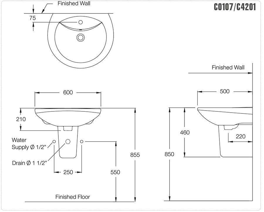 Bản vẽ kỹ thuật chậu rửa mặt lavabo COTTO treo tường chân lửng C0107/C4201