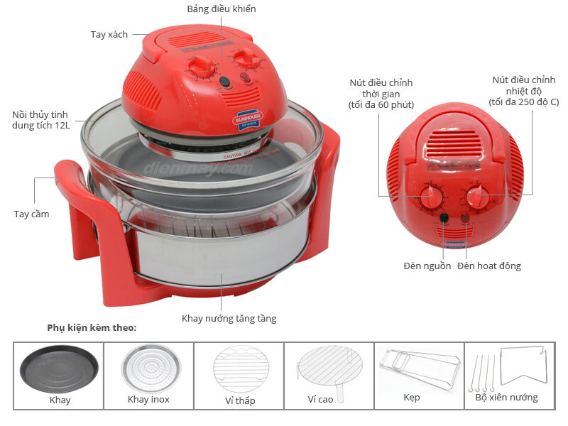 Lò nướng thủy tinh Sunhouse SH 410 12 lít Đỏ Lò nướng thủy tinh Sunhouse SH 410 12 lít Đỏ