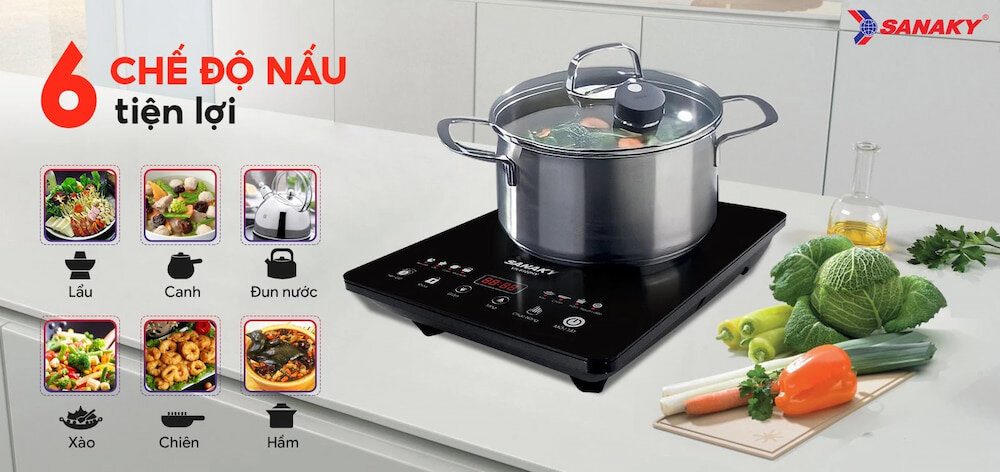 Bếp điện từ đơn Sanaky VH6100HY được trang bị 6 chế độ nấu đa dạng