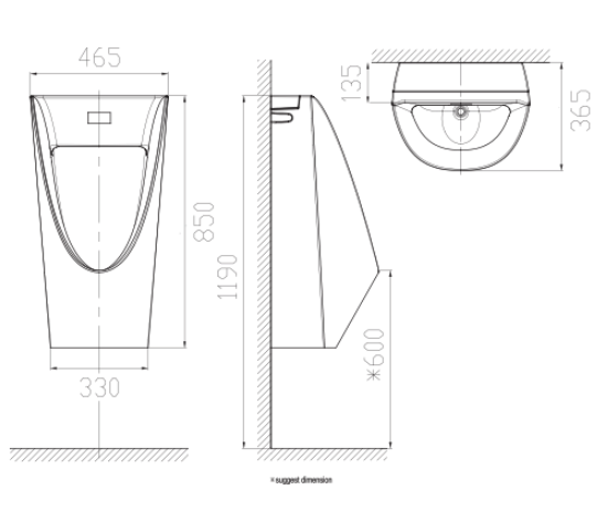 Bản vẽ kỹ thuật bồn tiểu nam treo tường American Standard cảm ứng WP-6507