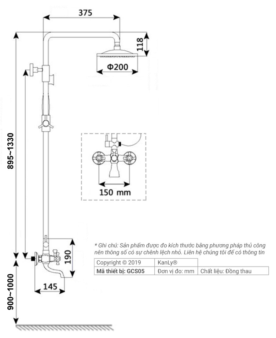 Bản vẽ kỹ thuật của bộ vòi sen tắm nóng lạnh cây đứng KANLY GCS05