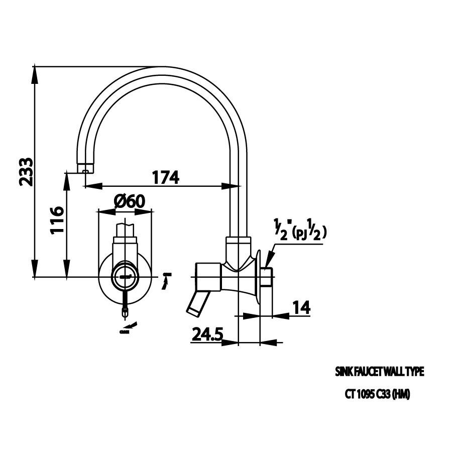 Bản vẽ kỹ thuật vòi bếp COTTO CT1095C33(HM) nước lạnh Lecce